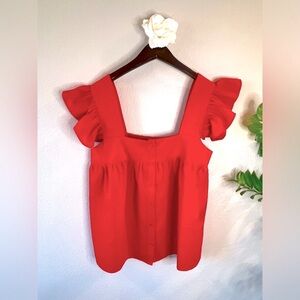 Entero, Red blouse, ruffle sleeves, button front, relaxed fit, small
